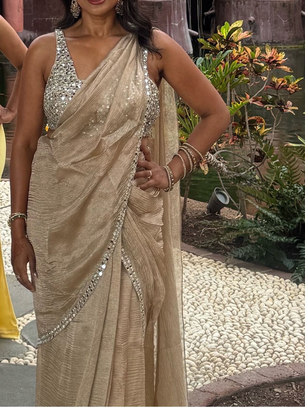 Elegant Gold Saree with Silver Sequin Blouse - Women Makeup
